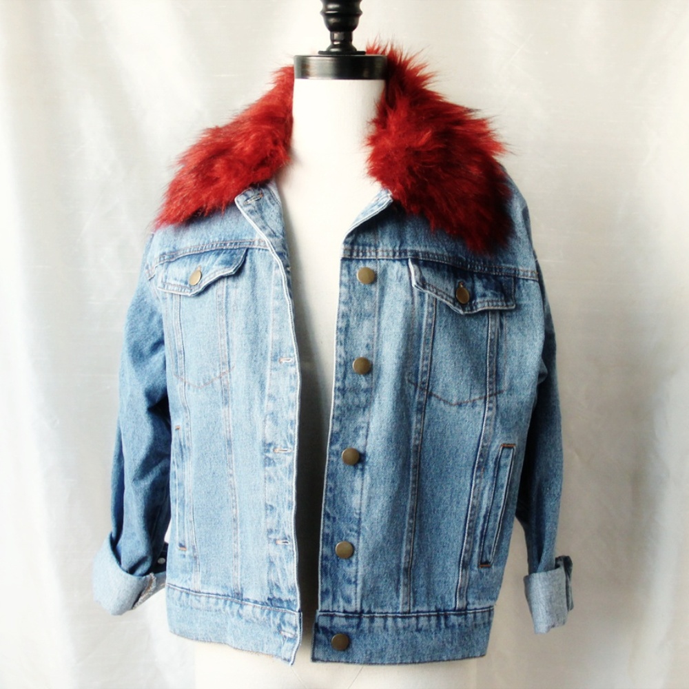 Oversized Denim Jacket with Red Faux Fur Collar